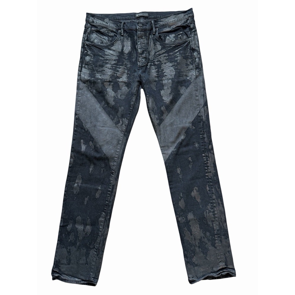 Purple Brand Jeans Mens Slim Fit Low Rise P001 Black Sz 38 Crackle Paint Effect